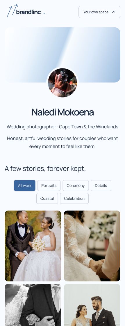 Screenshot of Naledi Mokoena’s BrandLinc profile with her introduction and wedding portfolio