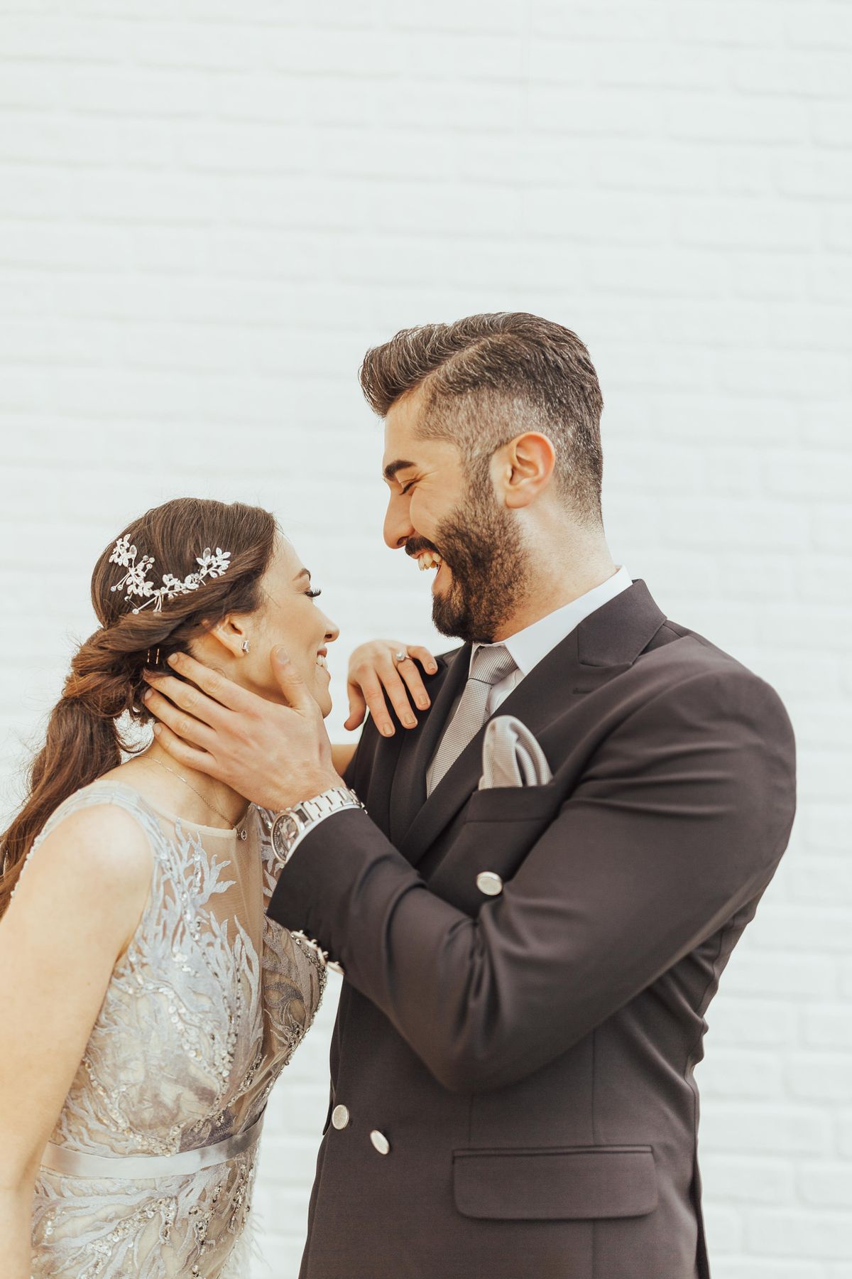 Joyful newlyweds embracing